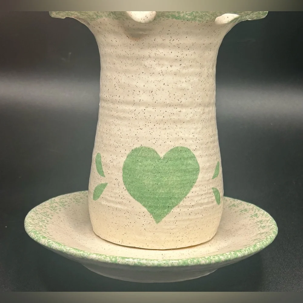 Stoneware Pottery Green Heart Toothbrush Holder